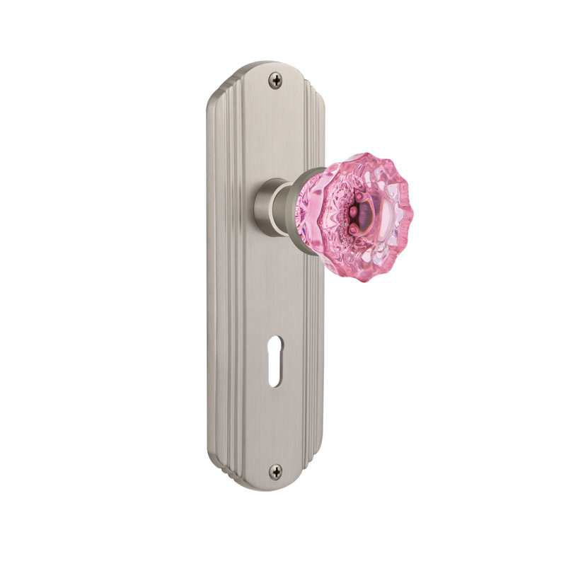 Plaque décorative avec trou de serrure décoratif et poignée de porte rose cristal, Nickel satiné
