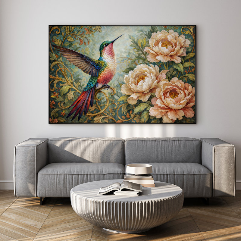 Très grand art mural imprimé sur tissu - Colibri sarcelle, jardin floral, décoration de salon bohémien - «Assemblage requis (cadre non fini)»