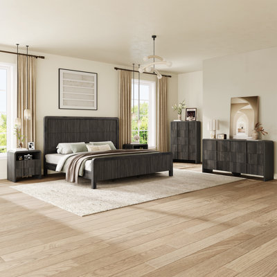Modern Wood-Grain 5-Piece Bedroom Set with Platform Bed, 5- & 6-Drawer Dressers & Nightstand*2,King,Black