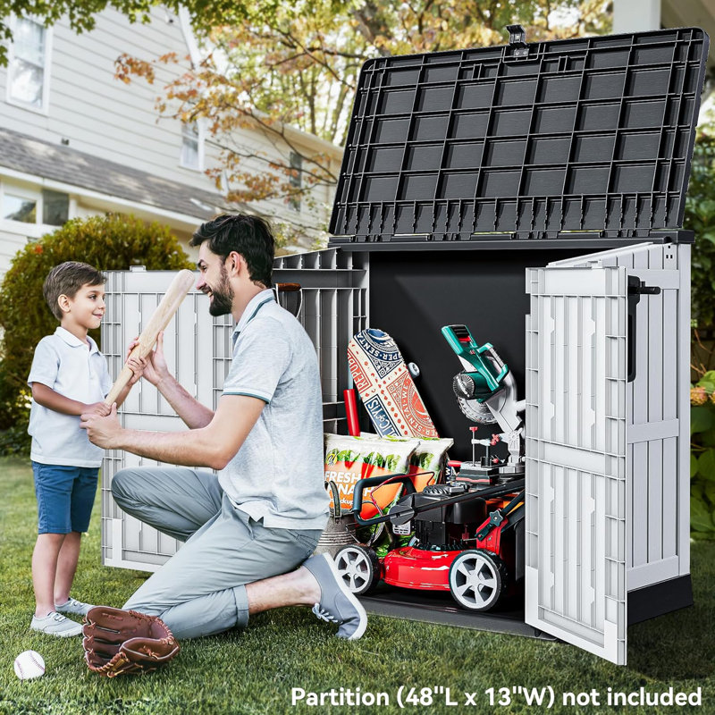 Remise à outils en résine Olilawn, rangement horizontal extérieur imperméable de 36 pieds cubes, remise utilitaire résistante aux intempéries avec évent pour poubelle et porte verrouillable, outils de jardin