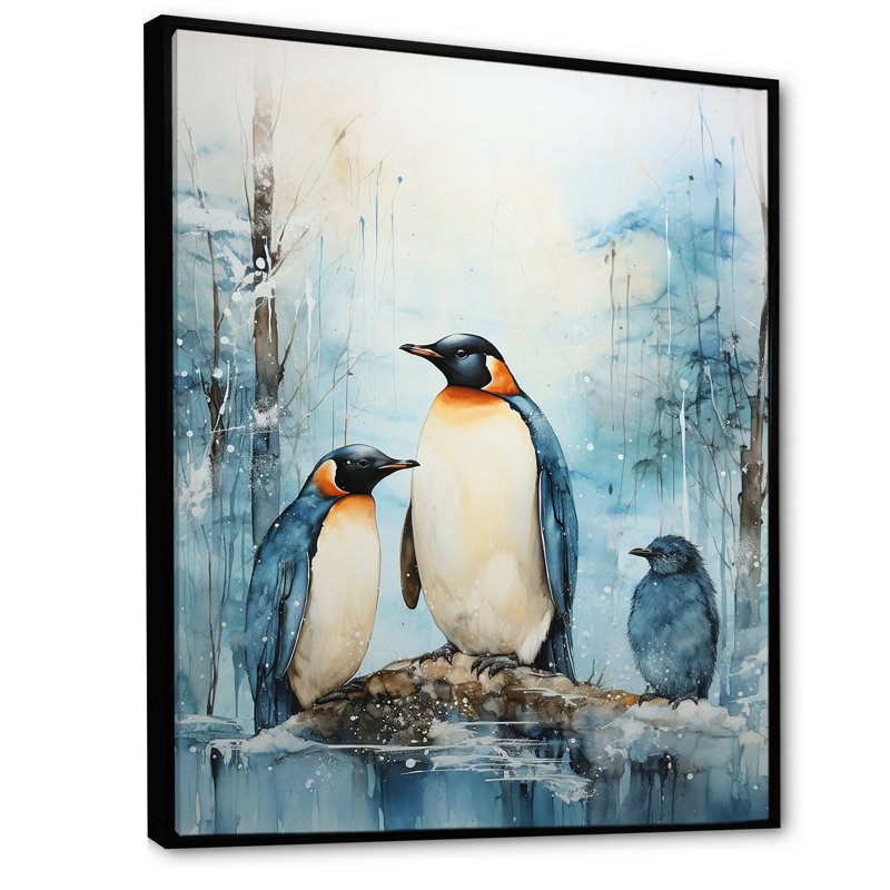 Pingouins antarctiques élégance III sur toile, Cadre flottant noir, H 40 po x l 30 po x P 1,5 po