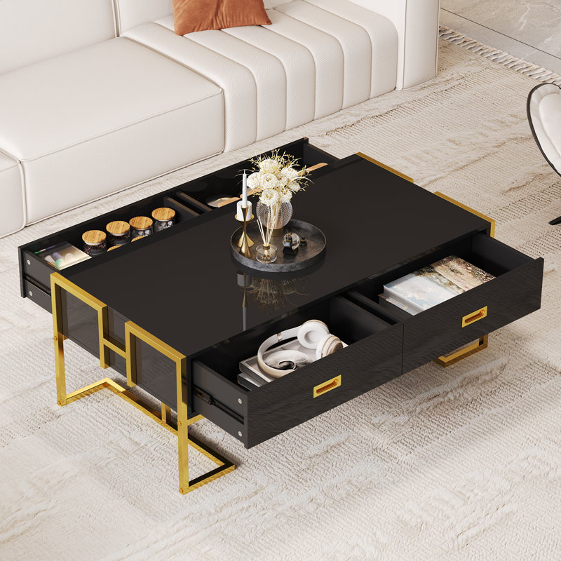 Table basse moderne moderne noire avec 4 tiroirs et base dorée de 47,3 po (table incluse seulement), Noir