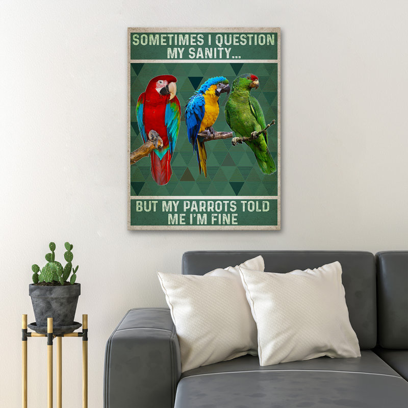 " Three Parrots On Bough ", 20" H x 16" W x 2" D