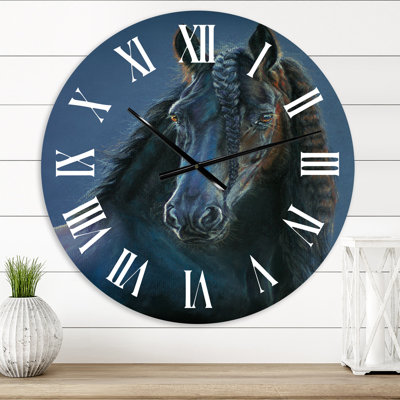 Portrait de cheval frison - horloge murale de ferme