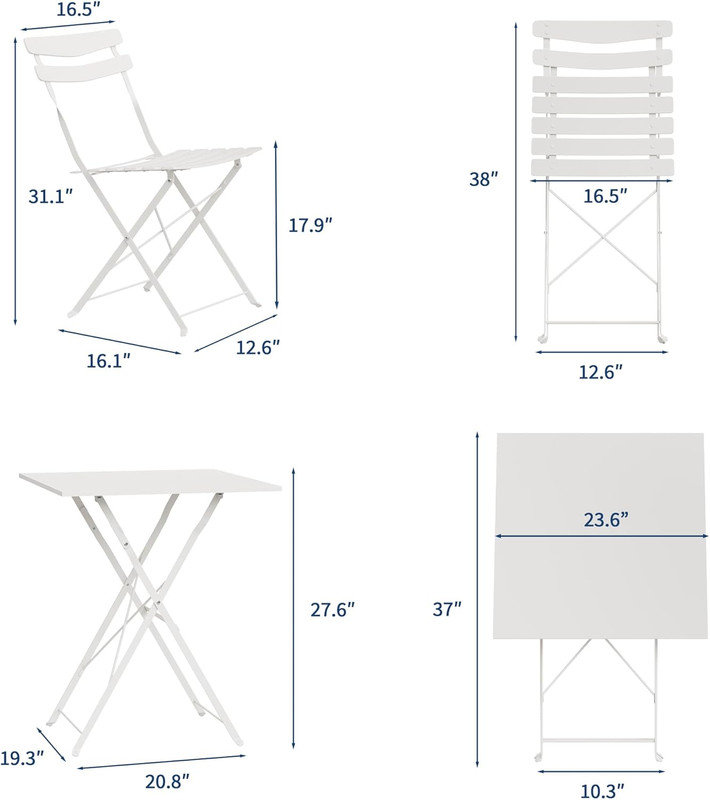 Ensemble bistro 3 pièces pliable - Sans assemblage, table de patio et 2 chaises pour balcon, cour, jardin, Blanc