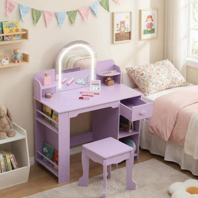 Ensemble de coiffeuse pour enfants avec miroir lumineux et bureau de maquillage avec bibliothèque, tiroir de rangement et tablettes ouvertes