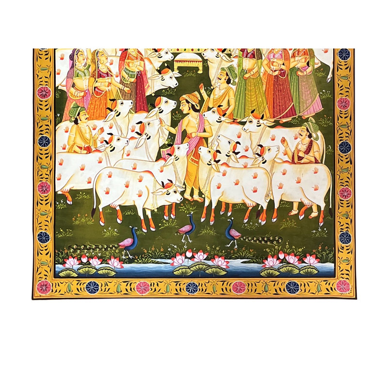 Lord Shrinathji embrassant Vallabhacharya | Pichhwai, aquarelle d'art sur coton