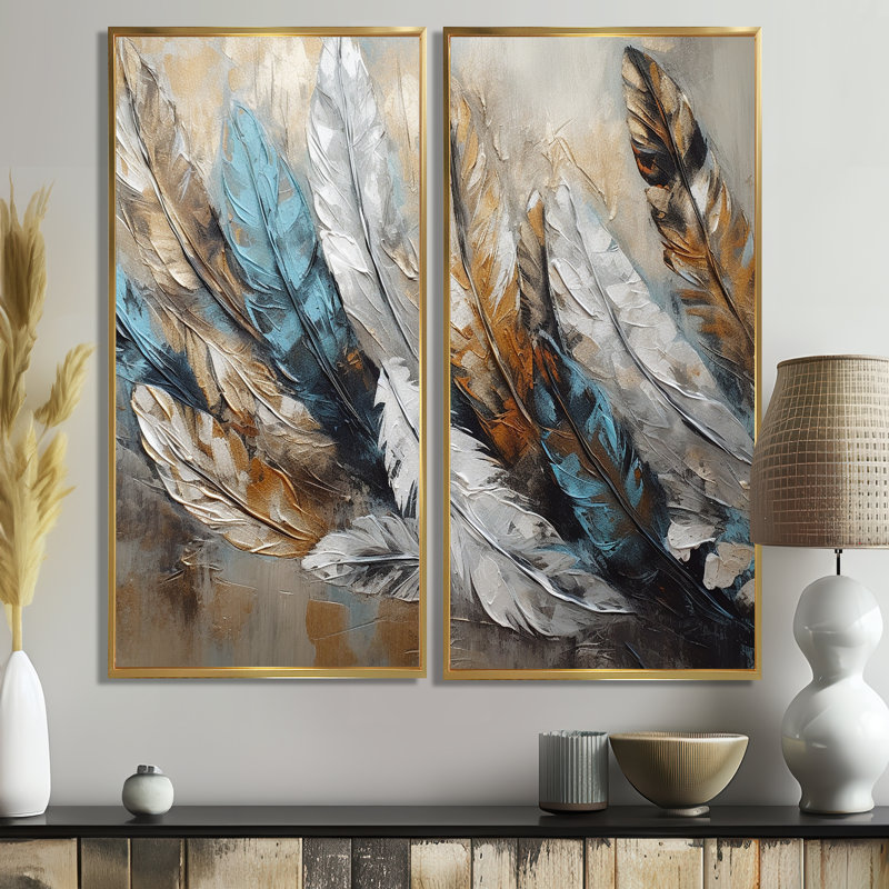 «Gold Feather Extravaganza II», art mural moderne doré, 40" H x 40" W, Impression encadrée flottante, Gold