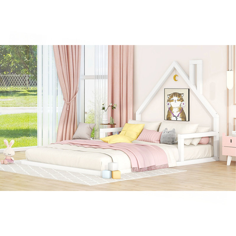 Lit en bois avec tête de lit en bois, Blanc, Lit double