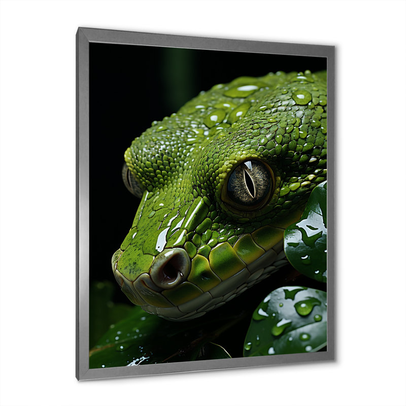 Serpent émeraude enroulé sur toile, Cadre simple argenté, H 32 po x l 16 po x P 1 po