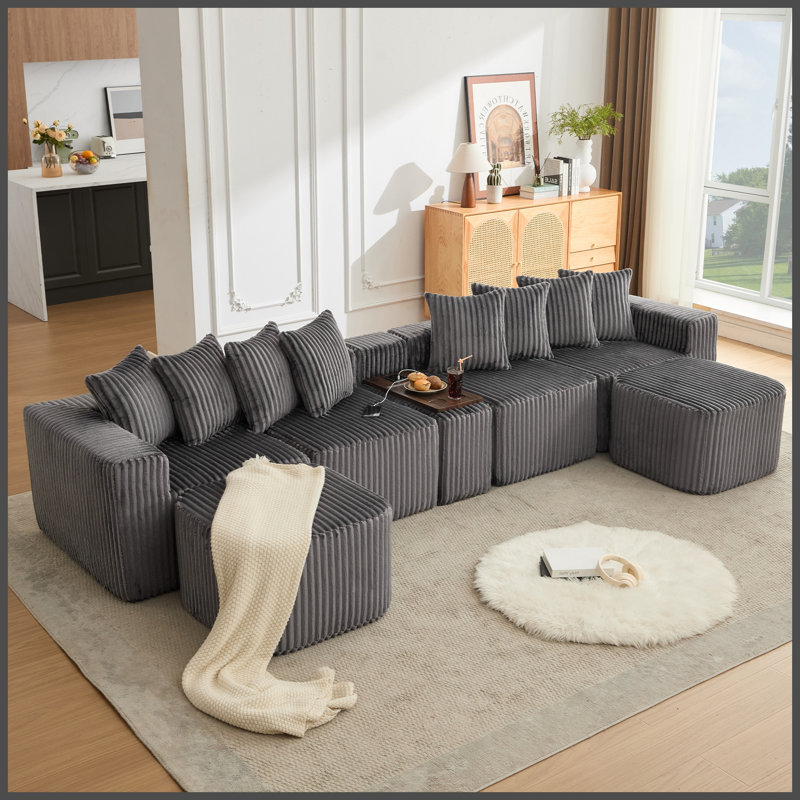 [NOUVEAUTÉ] [VIDÉO DISPONIBLE] Canapé d'angle en U de 350 cm (137,5 po), chargement USB et sans fil, table basse avec porte-gobelet, canapé modulaire surdimensionné et mobile, repose-pieds amovible, aucun assemblage requis, 6 places, velours côtelé, gris