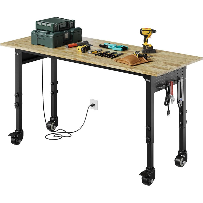 Banc à outils réglable 48 po avec prise de courant, banc de travail, table de travail à roulettes en bois robuste avec roulettes pour garage d'atelier, capacité de charge de 2 000 lb