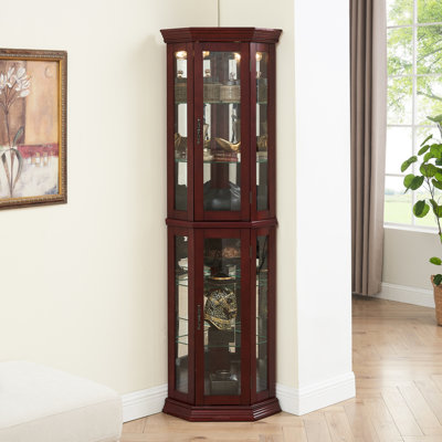 Oak Finish Curio Cabinet With Mirrored Back, Lights And Shelving System For Display Lighted Tempered Glass Shelf In Elegant Design Back by Lark Manor