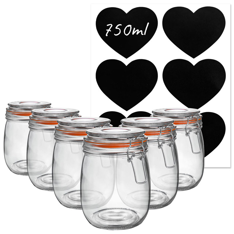 Argon Tableware - Glass Storage Jars with Heart Labels - 750ml - Set of 6