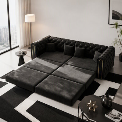90.6-Inch 3-in-1 Convertible Sleeper Sofa with Movable Ottoman, Button Tufting, and Gold Trim for Multi-Functional Modern Living.