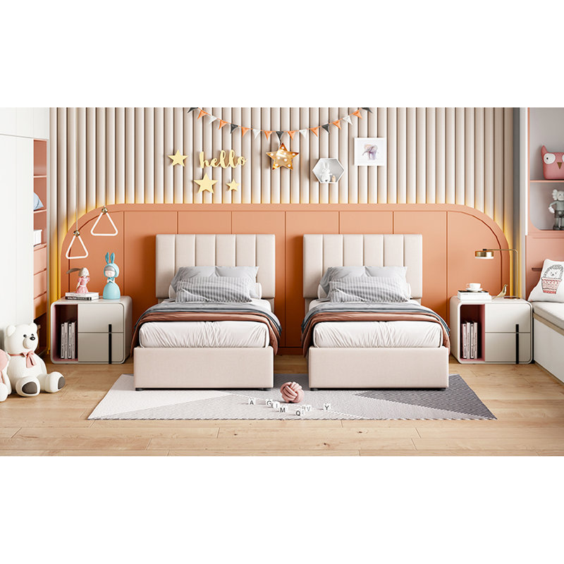 Lit tapissier beige avec très grande capacité de rangement et plateforme hydraulique attrayante