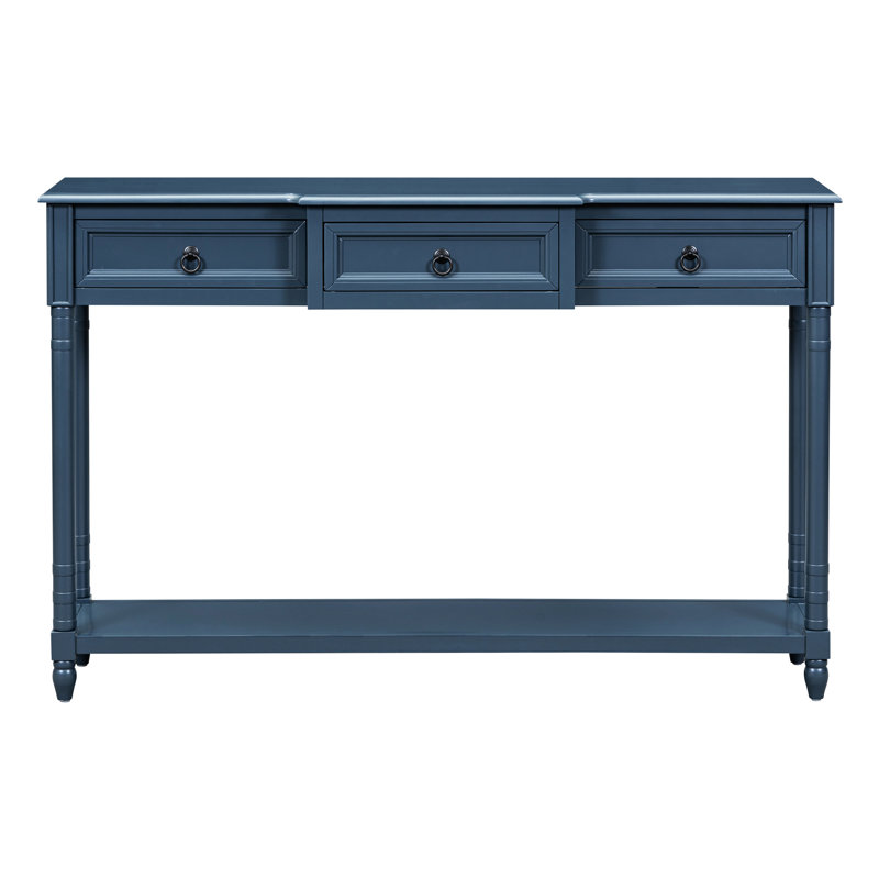 Console antique bleu marine avec tiroirs et tablette fonctionnelle inférieure rectangulaire, couleur bleue