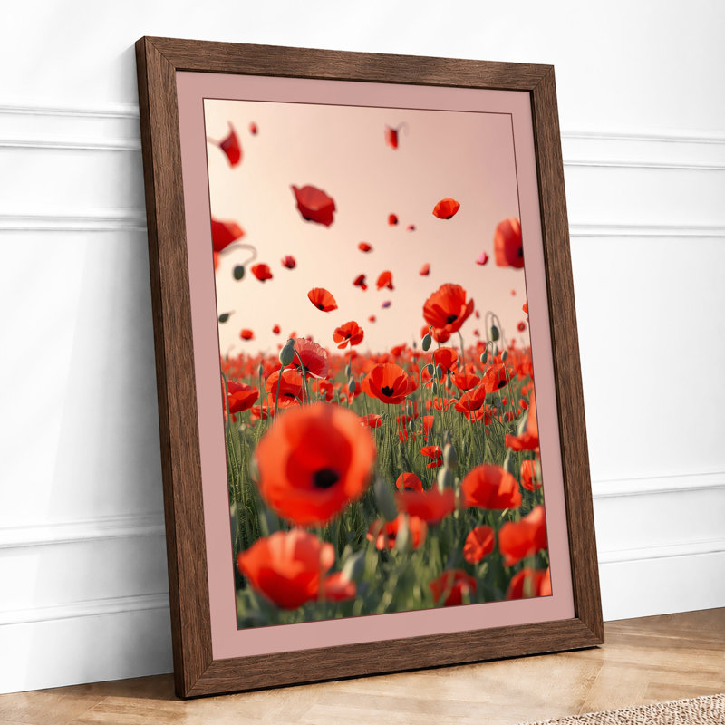 Floating Poppies Botanical - Framed Print, A4 - 29.7 x 21.0 cm, Walnut