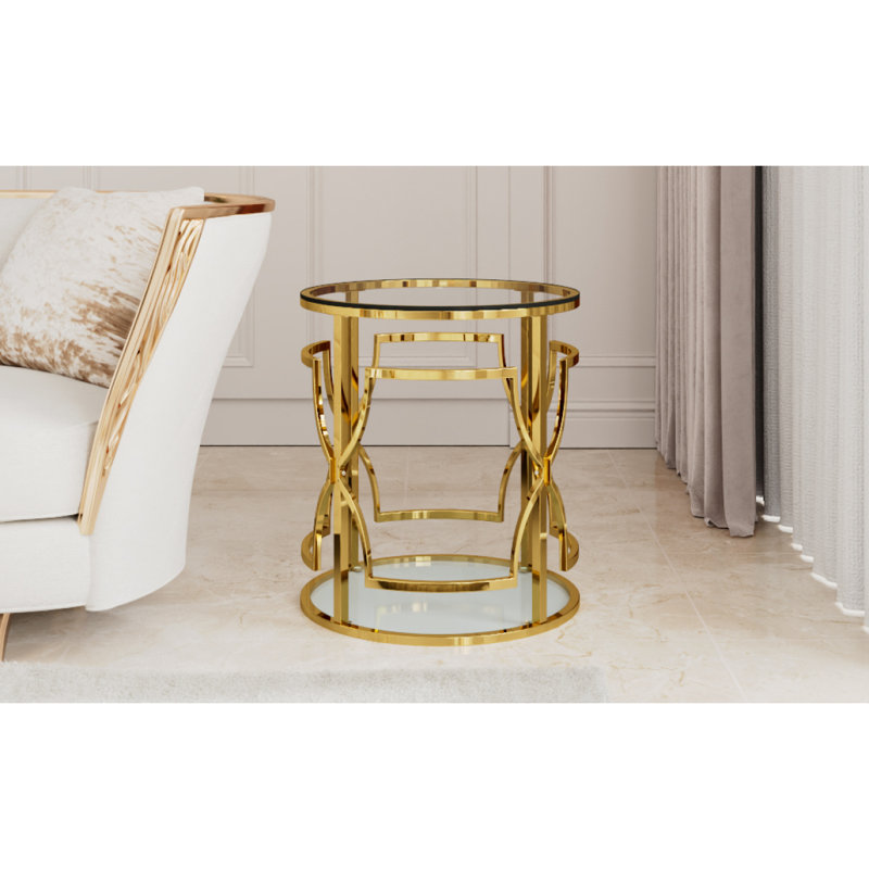 Table d'appoint ronde dorée de luxe 19,7 po avec plateau en verre trempé et tablette de rangement, table de bout moderne avec cadre en métal pour salon, chambre à coucher, canapé, table d'appoint pour petit espace