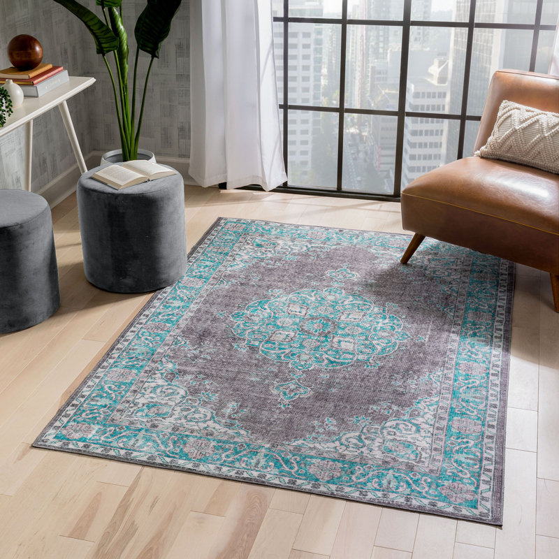 Nile Vintage Flat-Weave Machine Washable Medallion Teal Rug, Rectangle 115 x 170cm