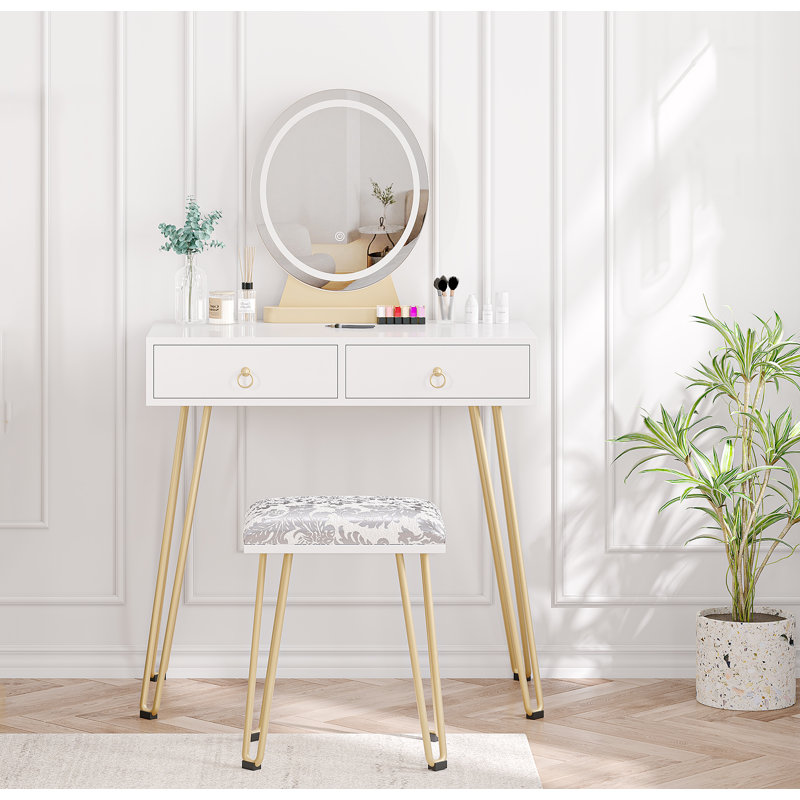 Table With Mirror Lamp,dressing Table With Upholstered Stool And Table For Bedroom