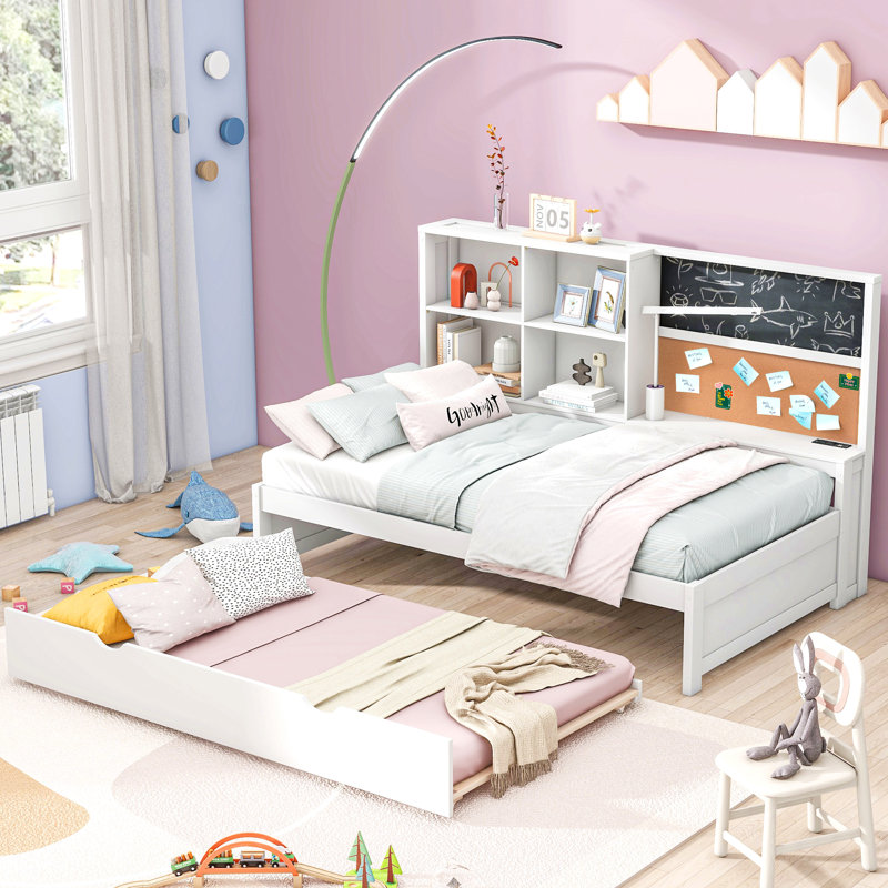 Lit de jour simple avec tablettes de rangement, tableau noir, planche de liège, ports USB et lit gigogne simple, blanc