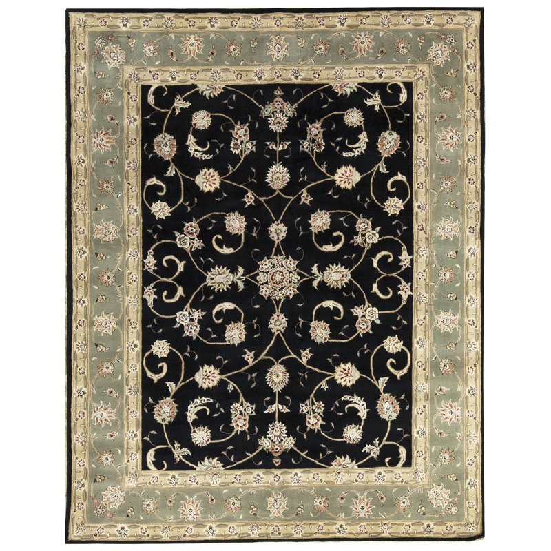 Tapis noir et vert de haute qualité noué à la main