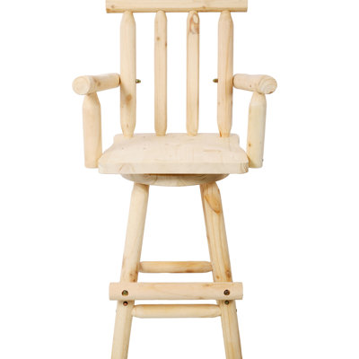 Tabouret de bar rustique avec fonction pivotante à 360 °, fabrication en bois de sapin, accoudoirs larges, repose-pieds, brun pour la salle à manger, pub, siège de café de restaurant, bois, brun, accoudoirs et repose-pieds