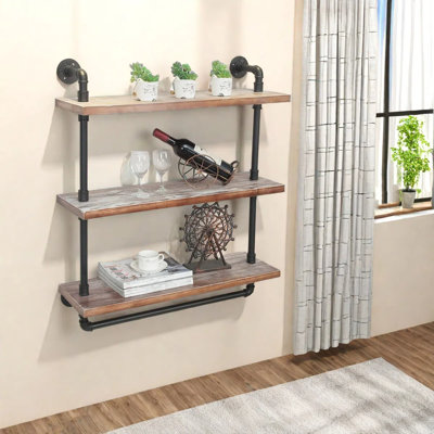 Tablettes flottantes de style industriel avec barre à serviettes, tablette de style rétro de style campagnard de 24 pouces pour la salle de bain, fixation murale, noir mat (3 niveaux)