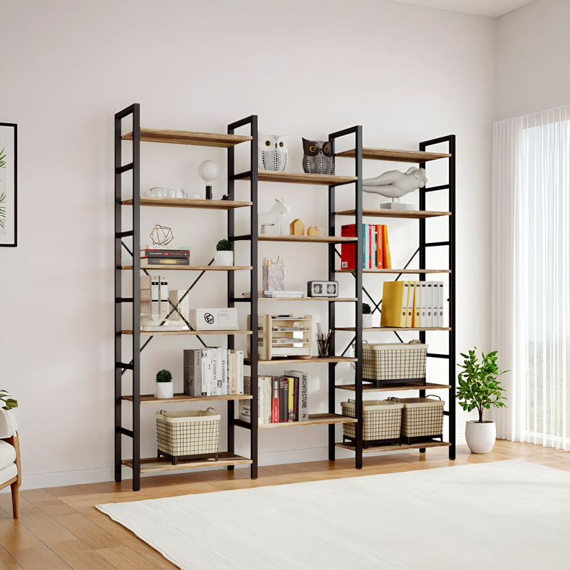 Etagere Bookcase 6 Tiers Triple Wide Industrial Bookshelf Open Display Shelves with Metal Frame for Living Room Home Office