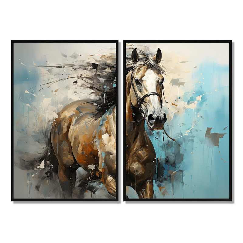 Cheval au galop fantaisiste - art mural moderne sur toile noir, 36" H x 48" W, Reproduction encadrée sans passe-partout, Noir