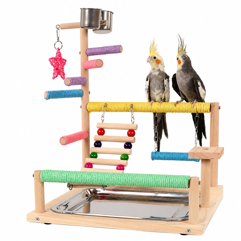 Support pour perroquet en bois enveloppé de sisal, perchoir multi-niveaux pour dressage d'oiseaux avec échelle d'escalade, jouet à mâcher pivotant et suspendu, aire de jeu pour oiseaux avec tasses pour petits perroquets moyens