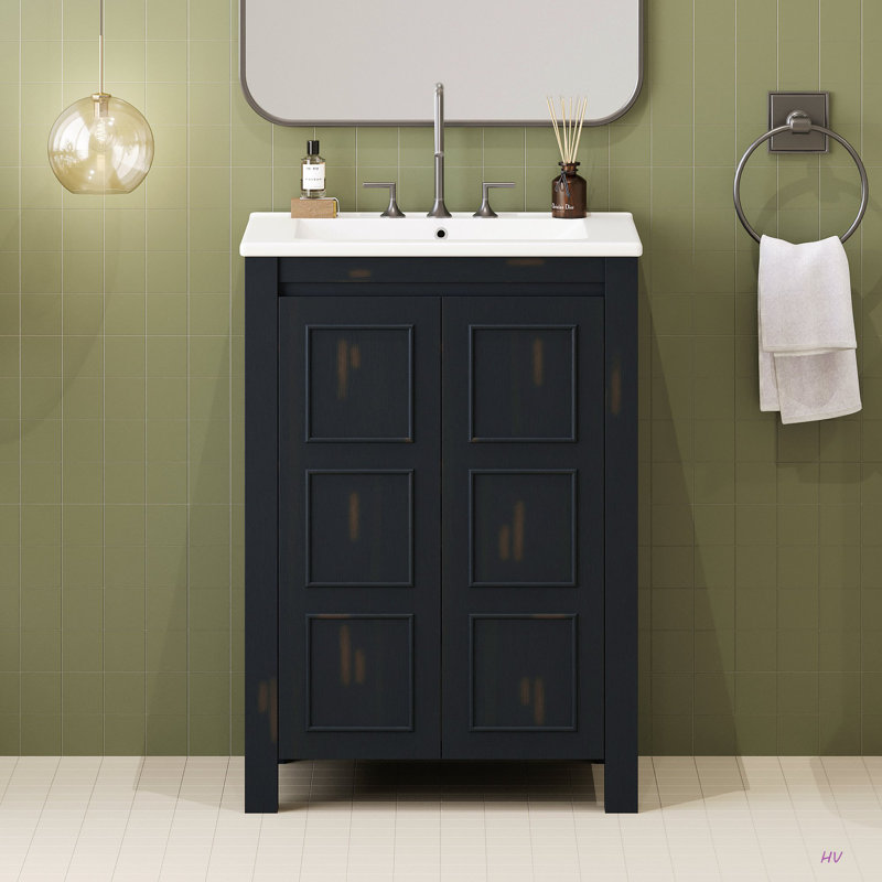 Petit ensemble de meuble-lavabo de style rétro 24 po x 18 po x 34 po avec lavabo en céramique et 2 portes à fermeture en douceur