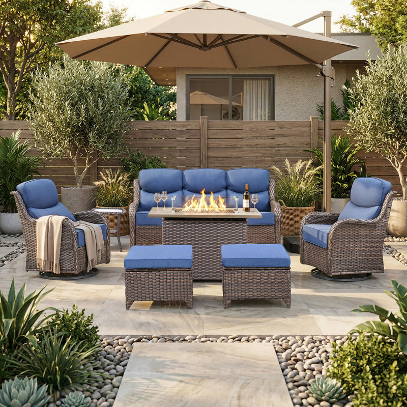 Polygala 7-Piece Outdoor Conversation Set With Fire Pit Table, 3-Seat Sofa & Swivel Gliders, 6" Thick Cushions, All-Weather PE Wicker