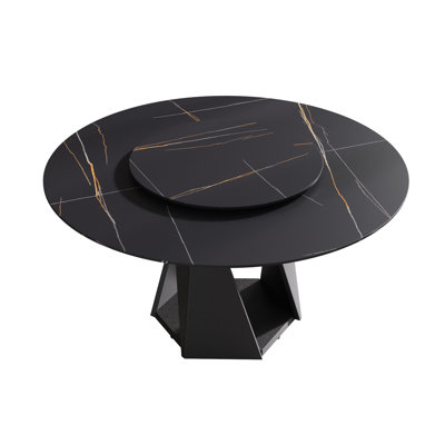 59.05" Round Marble Dining Table with Iron Metal Base, Artificial Marble for 6-8 People, 31.5" Artificial Stone Turntable (Dining Table Only)