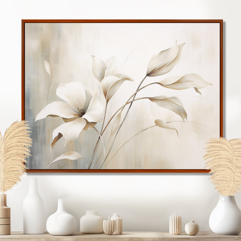 Élégance botanique blanche III - Botanique abstraite, art mural, H 30 po x l 40 po x P 1,5 po, Cadre flottant brun