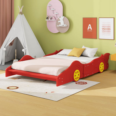Cadre de lit plateforme Race Car, lit en forme de voiture à roulettes, lit en bois pour enfants