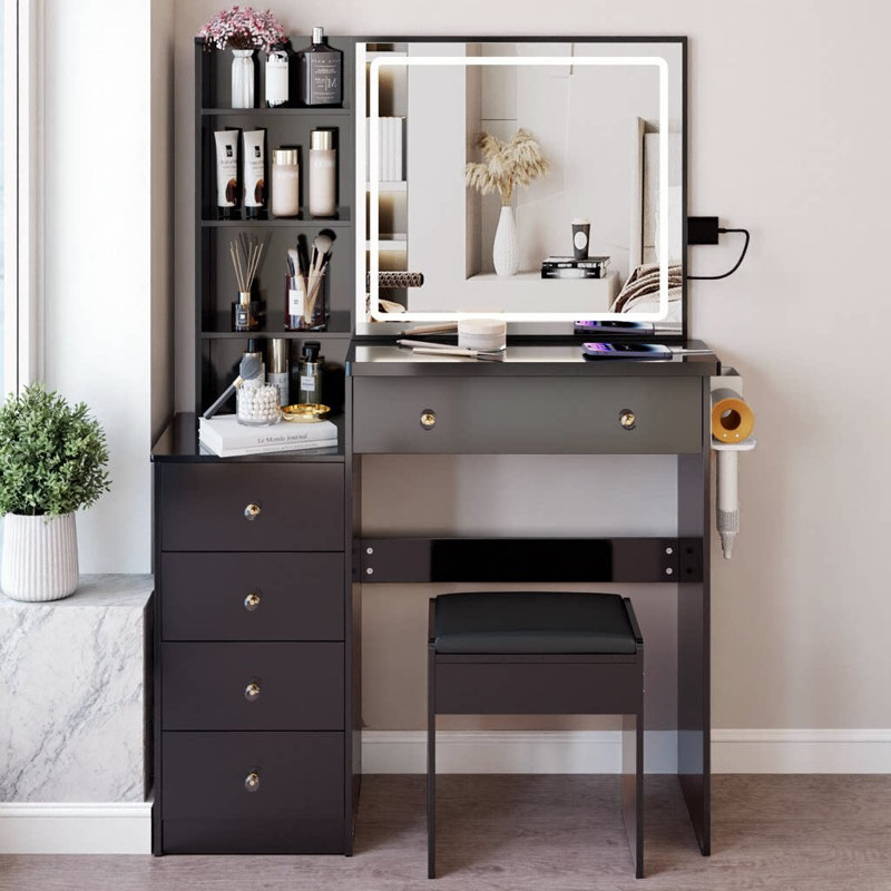 37" Vanity Table with LED Sliding Mirror & Power Station | Left Side Cabinet, Cushioned Stool, 2 AC + 2 USB Ports, Hair Dryer Stand | Tri‑Color Touch Control Makeup Dressing Set