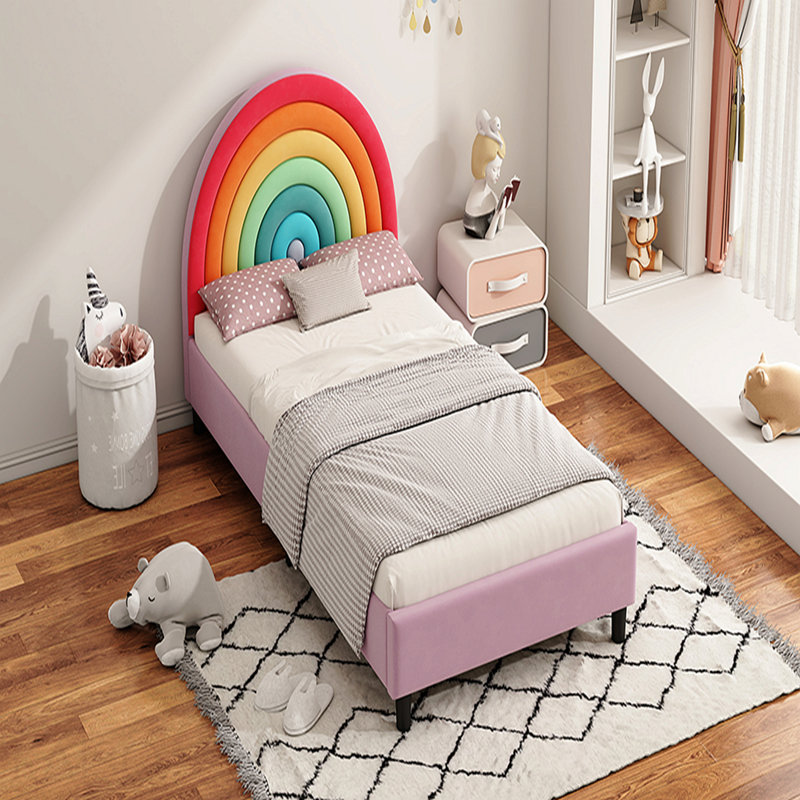 Lit plateforme tapissier simple Rainbow Design pour lit princesse pour garçons et filles, adolescents, coloré et rose