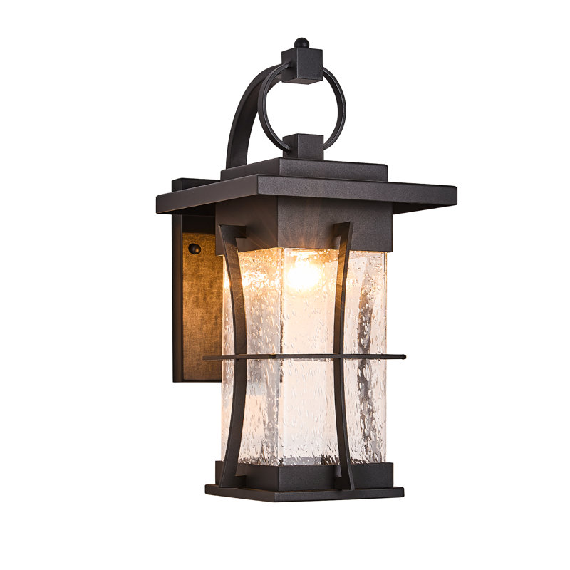 Applique murale d'extérieur 1 lumière avec abat-jour en verre bullé, Noir, H 17,7 po x l 8,5 po x P 11 po
