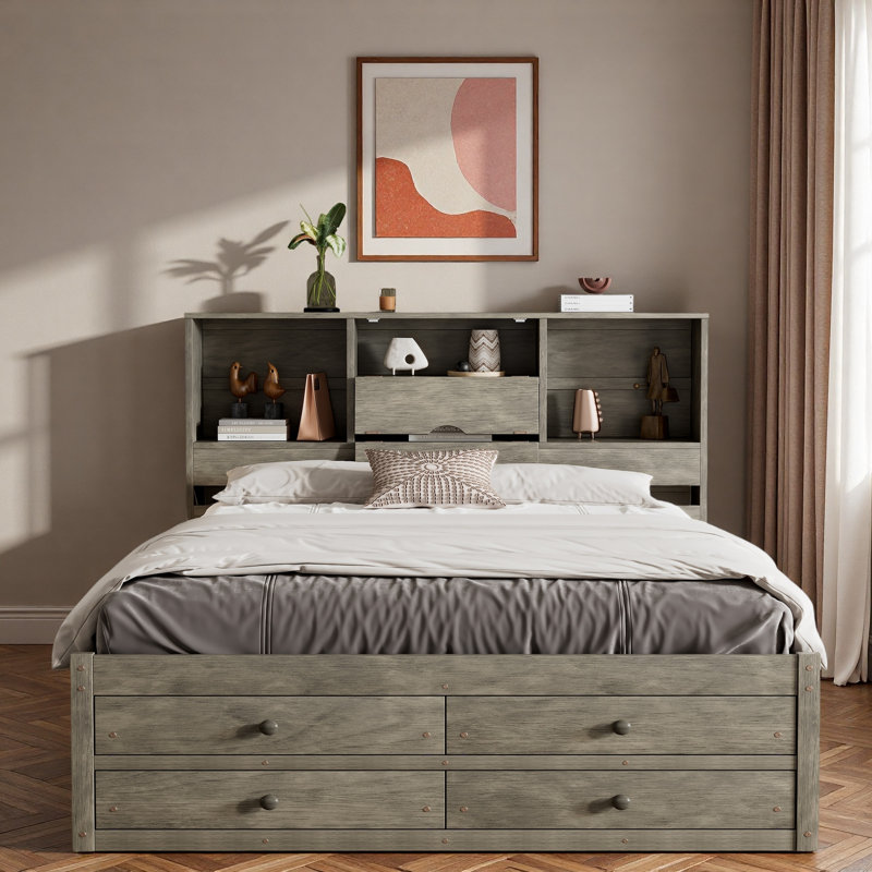 Lit plateforme avec tête de lit avec rangement et 8 tiroirs, Gris, Grand lit
