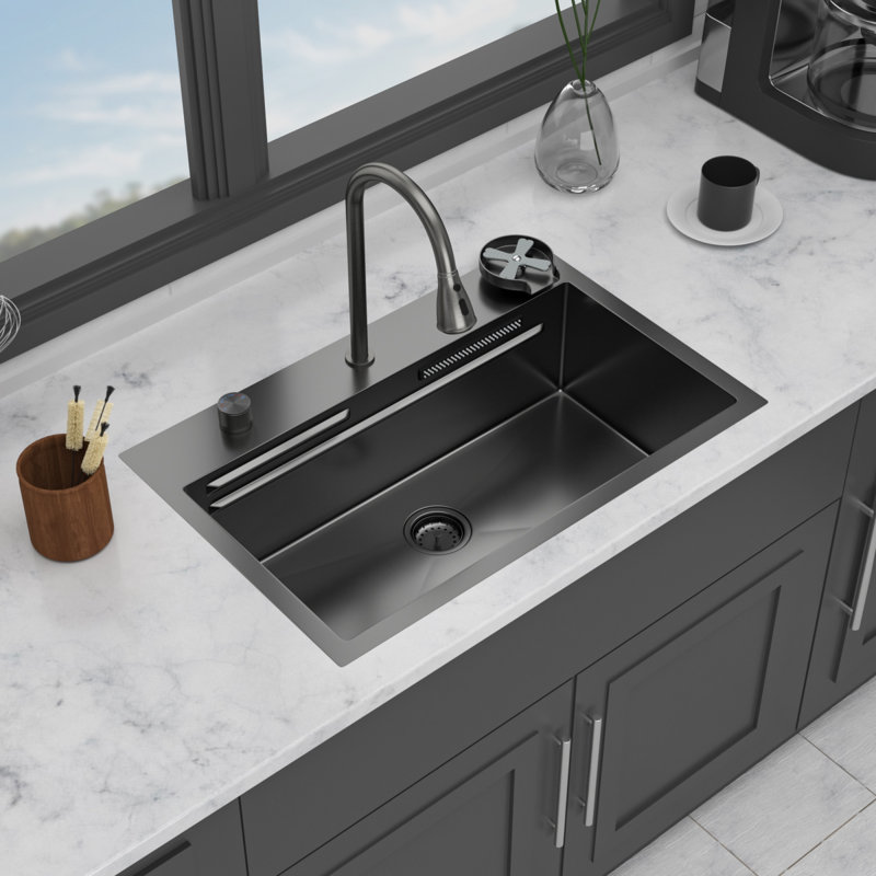 Gunmetal Black Kitchen Sink Stainless Steel, Elegant Waterfall Design And Functional Workstation - Perfect For Modern Kitchens