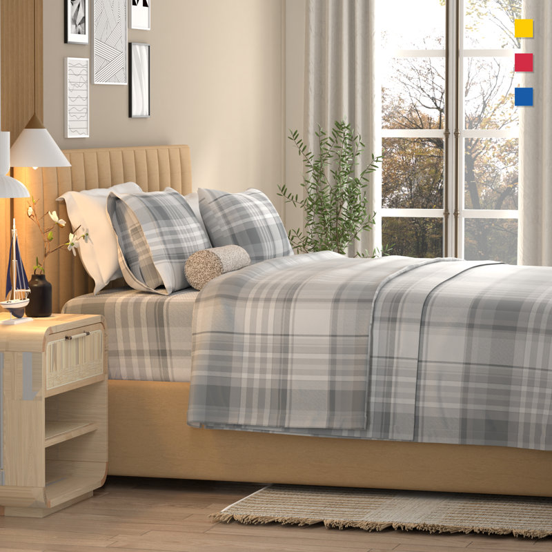 100% Cotton Lightweight Percale Weave Sheet Set, Queen Sheet Set with 2 Pillowcases, Hudson Plaid Gray Plaid