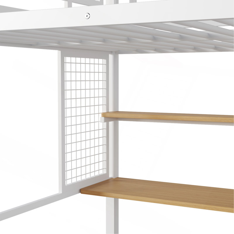 Lit mezzanine double en métal avec garde-robe, bureau, tablettes de rangement, blanc