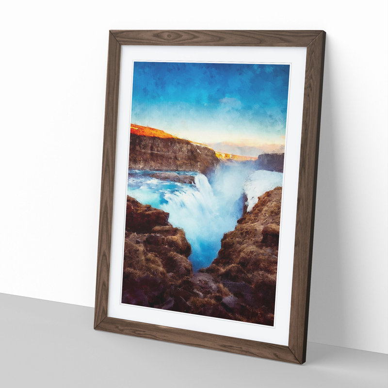 A Waterfall in Iceland - Picture Frame Painting, 36cm H x 27cm W x 2cm D, Walnut Framed