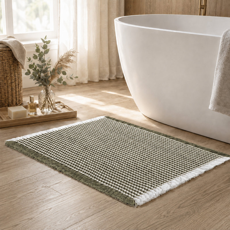 Tapis de bain à franges gaufrées, 17" W x 24" L, Olive Green/White