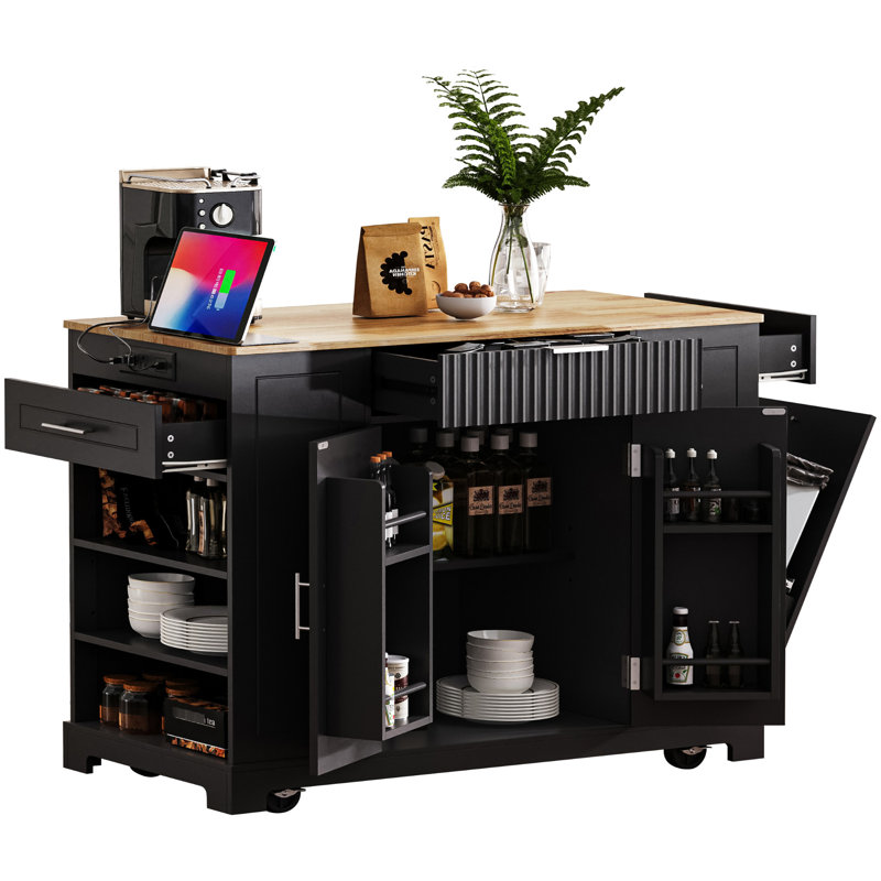 Fluted Kitchen Island With Trash Can Storage Cabinet, Power Outlet, Internal Storage Rack, Rolling Kitchen Islands On 5 Wheels With 3 Drawer, 3 Open Side Racks For 10 Gallon Garbage Bin
