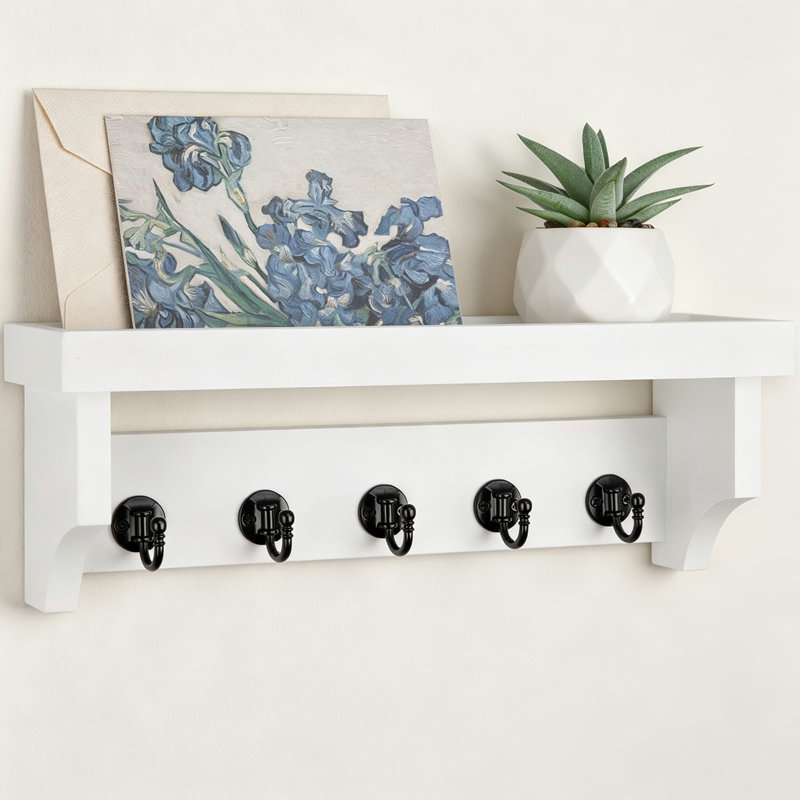 Porte-clés et porte-courrier mural avec tablette, organisateur d'entrée avec crochets robustes pour clés, manteaux, laisses et décoration