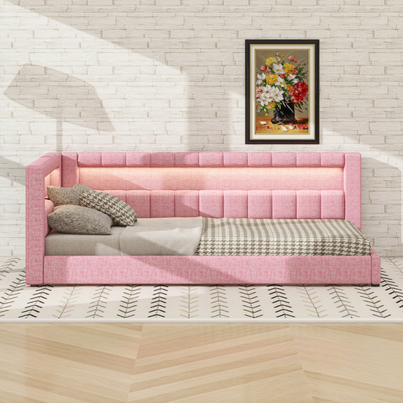 Upholstered Daybed With Storage, L-Shaped Daybed With LED Belt And USB Ports, Linen Fabric Day Bed Frame, Twin XL, Pink