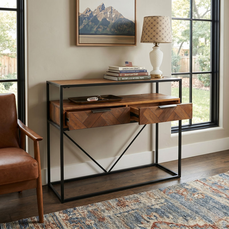 Solid Acacia Wood Console Table with Drawers - Industrial Herringbone Entryway Table with Rust-Resistant Metal Frame